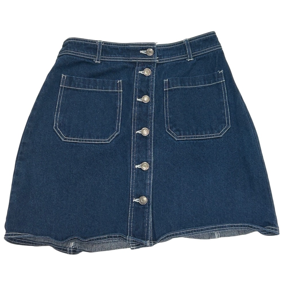 POPSUGAR Denim Mini Skirt A-Line Button Front‎ Pockets Dark Wash Size 8